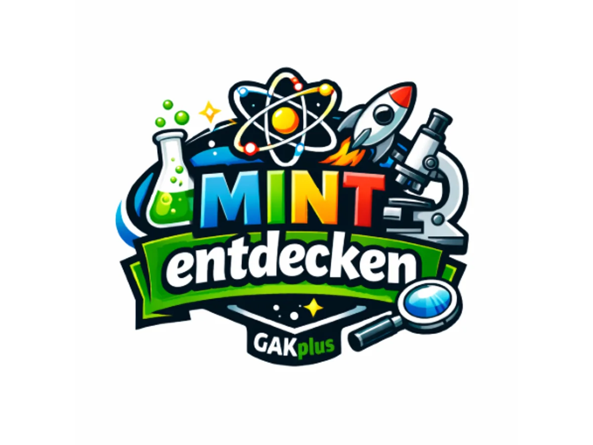 Logo des GAKplus-Kurses MINT entdecken mit Atommodell, Rakete, Mikroskop und Reagenzglas.