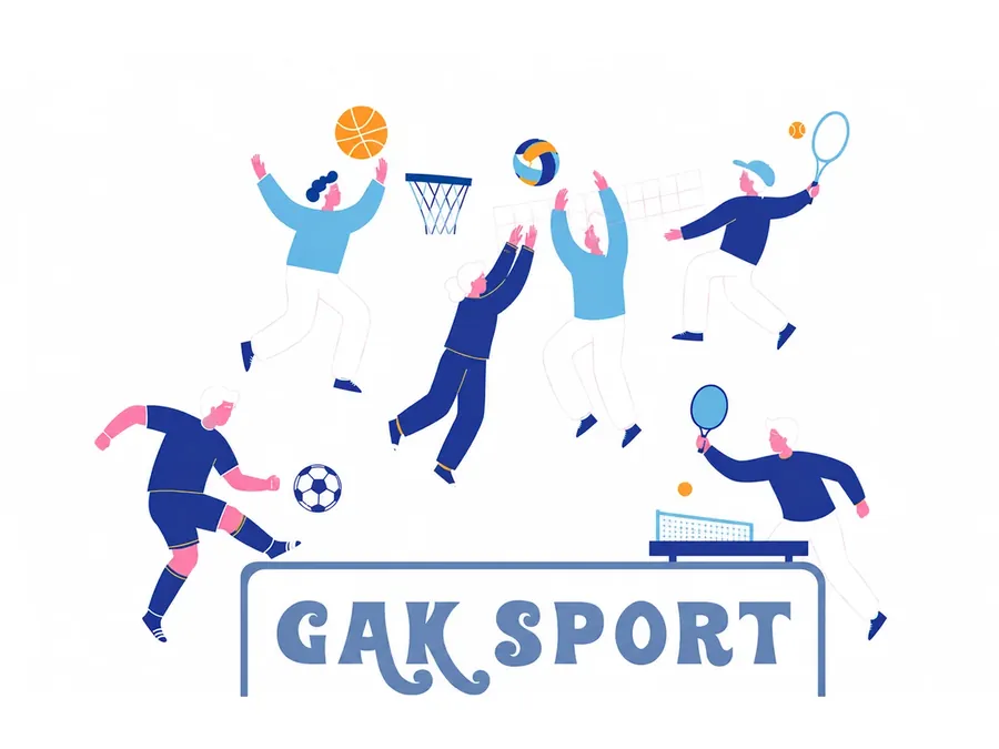 Illustration zum GAKplus-Kurs Sport-Spiele: Jugendliche beim Basketball, Volleyball, Fußball, Tennis und Tischtennis.