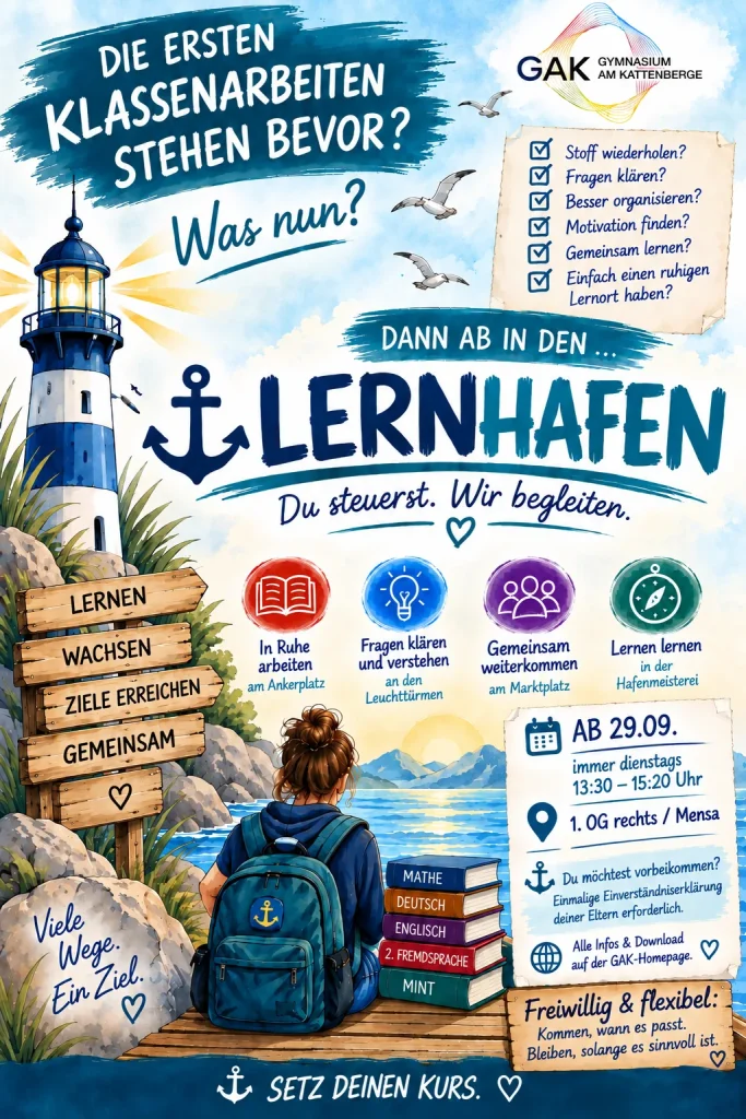 Plakat zum Start des Lernhafens: ab 29. September immer dienstags, 13:30 bis 15:20 Uhr, im 1. Obergeschoss rechts über der Mensa, für die Jahrgänge 7 bis 10
