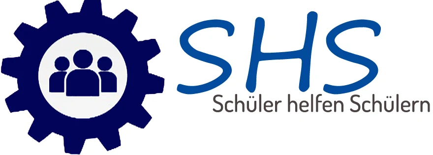 Logo des Projekts Schüler helfen Schülern: ein Zahnrad mit drei Personen darin, daneben der Schriftzug SHS.