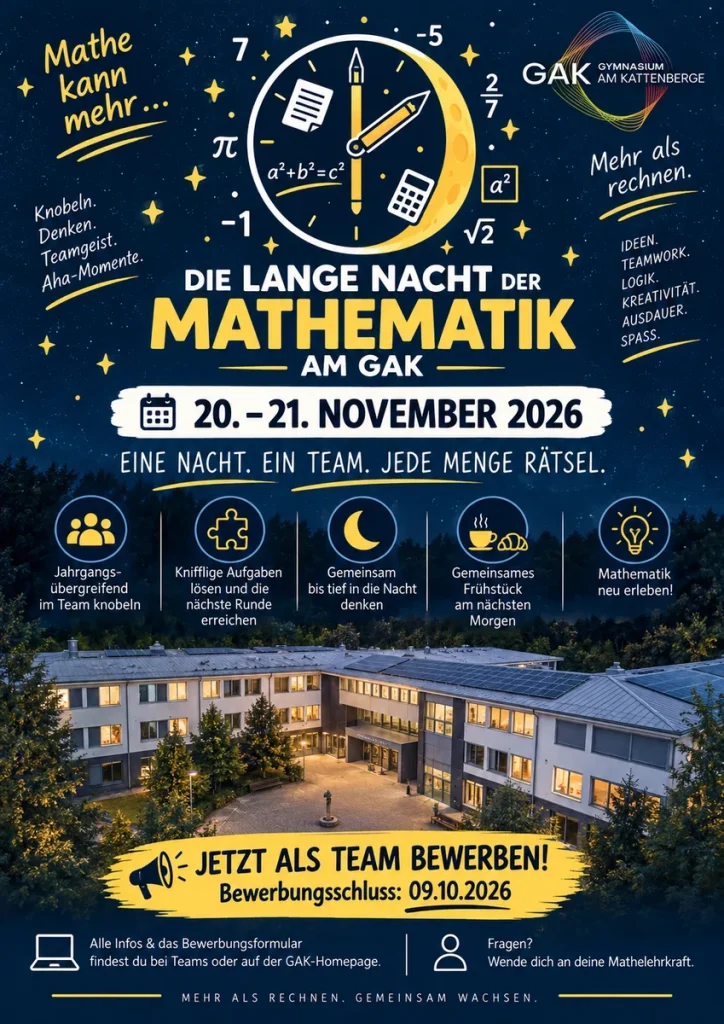 Plakat zur Langen Nacht der Mathematik am 20. und 21. November 2026, Bewerbungsschluss 9. Oktober 2026