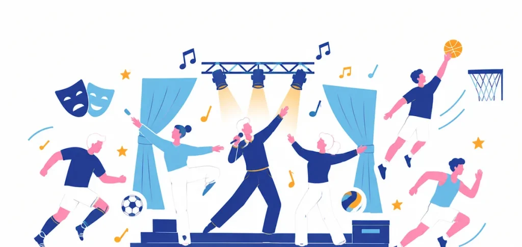 Illustration: Jugendliche auf einer Bühne mit Mikrofon, daneben Basketball, Fußball und Laufen